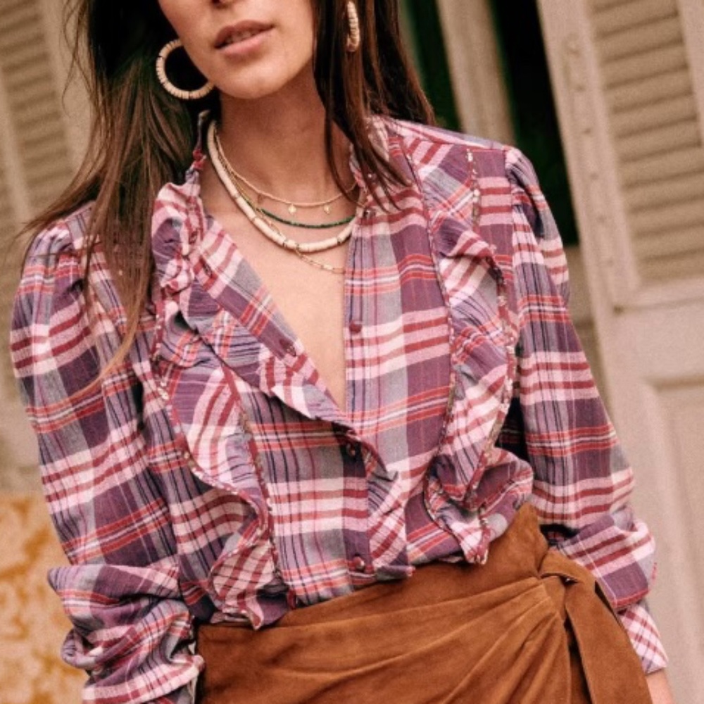 Sezane Pink and Purple Plaid Ruffled Blouse